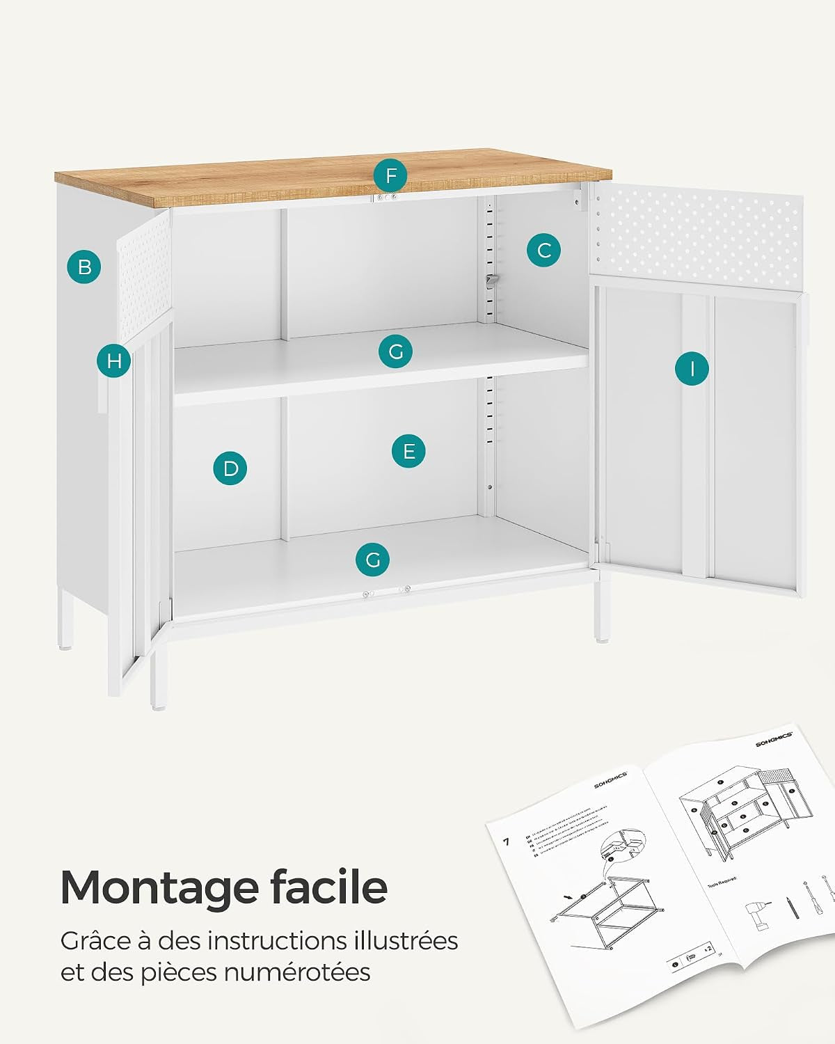 Meuble De Rangement, Buffet, En Métal, Double Porte, Fermeture Magnétique, Cadre En Acier, 40 X 80 X 76 Cm, Couleur Boisée Et Blanc LSC102W57
