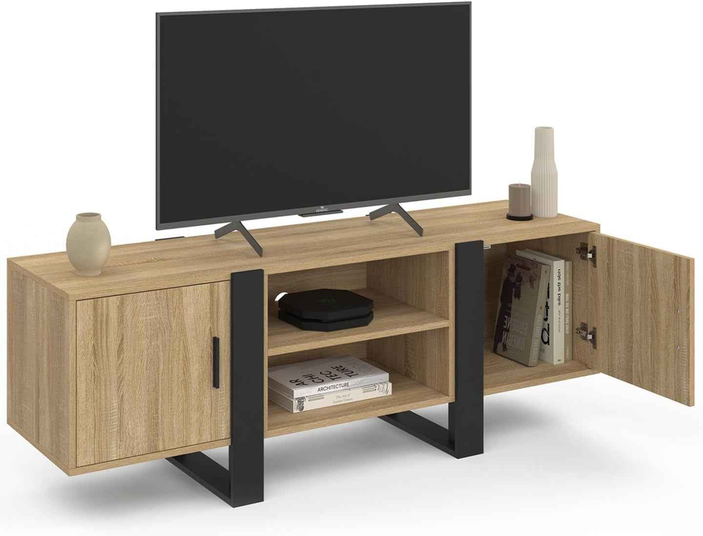 - Meuble TV 140 Cm Phoenix 2 Portes Bois Et Noir