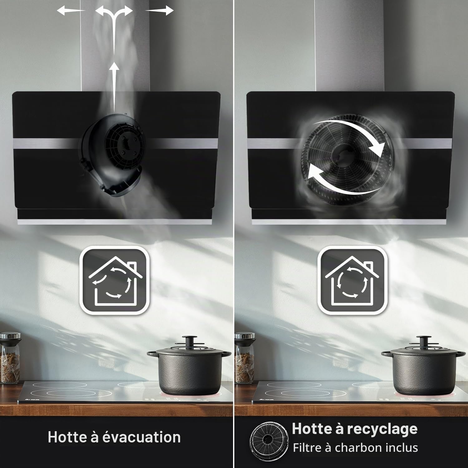 Hotte Aspirante Cuisine 60 Cm | Hotte Murale Inclinées | Acier Inoxydable | Verre Noir | Arrête Automatiquement | Opération Tactile | HERMES6005S