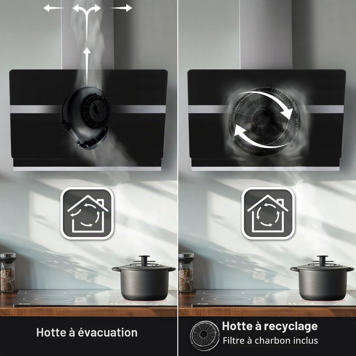 Hotte Aspirante Cuisine 80 Cm | Hotte Murale Inclinées | Acier Inoxydable | Verre Noir | Arrête Automatiquement | Opération Tactile | HERMES8005S