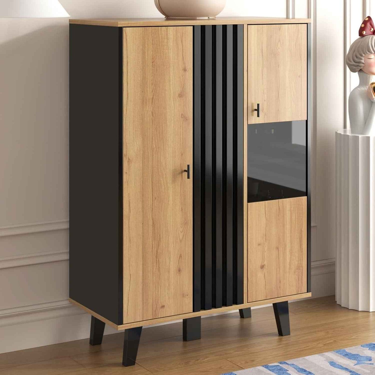 Buffet Noir Et Bois Avec 4 Grandes Étagères, Vitrine Avec Verre Et Lumières LED, Armoire Multifonction Pour Salon, Chambre, Couloir Et Salle À Manger (A)