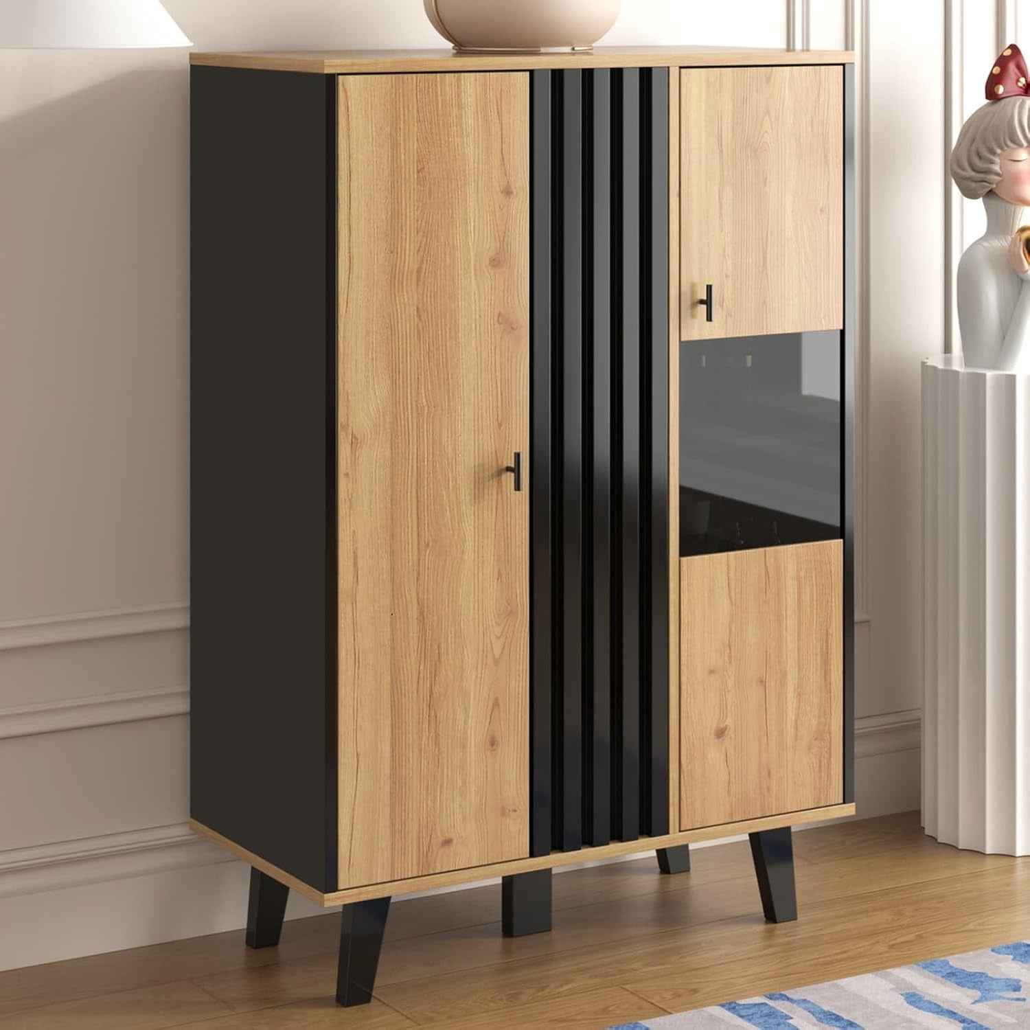 Buffet Noir Et Bois Avec 4 Grandes Étagères, Vitrine Avec Verre Et Lumières LED, Armoire Multifonction Pour Salon, Chambre, Couloir Et Salle À Manger (A)