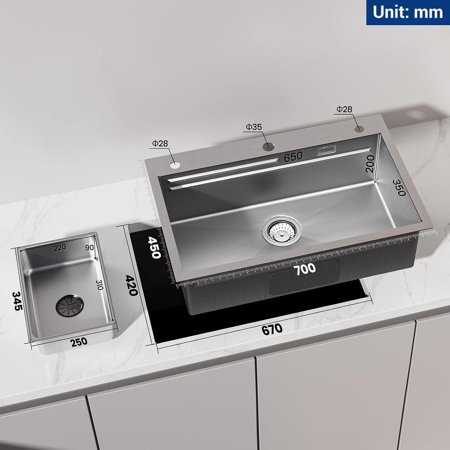 Évier Cuisine Multifonction 70X45 CM, Pour Plan De Travail 80Cm+ | Polyvalent Pour Évier Avec Égouttoir/Planche Découper/Distributeur Savon, Résistant Usure/Corrosion, Facile Nettoyage, Inox