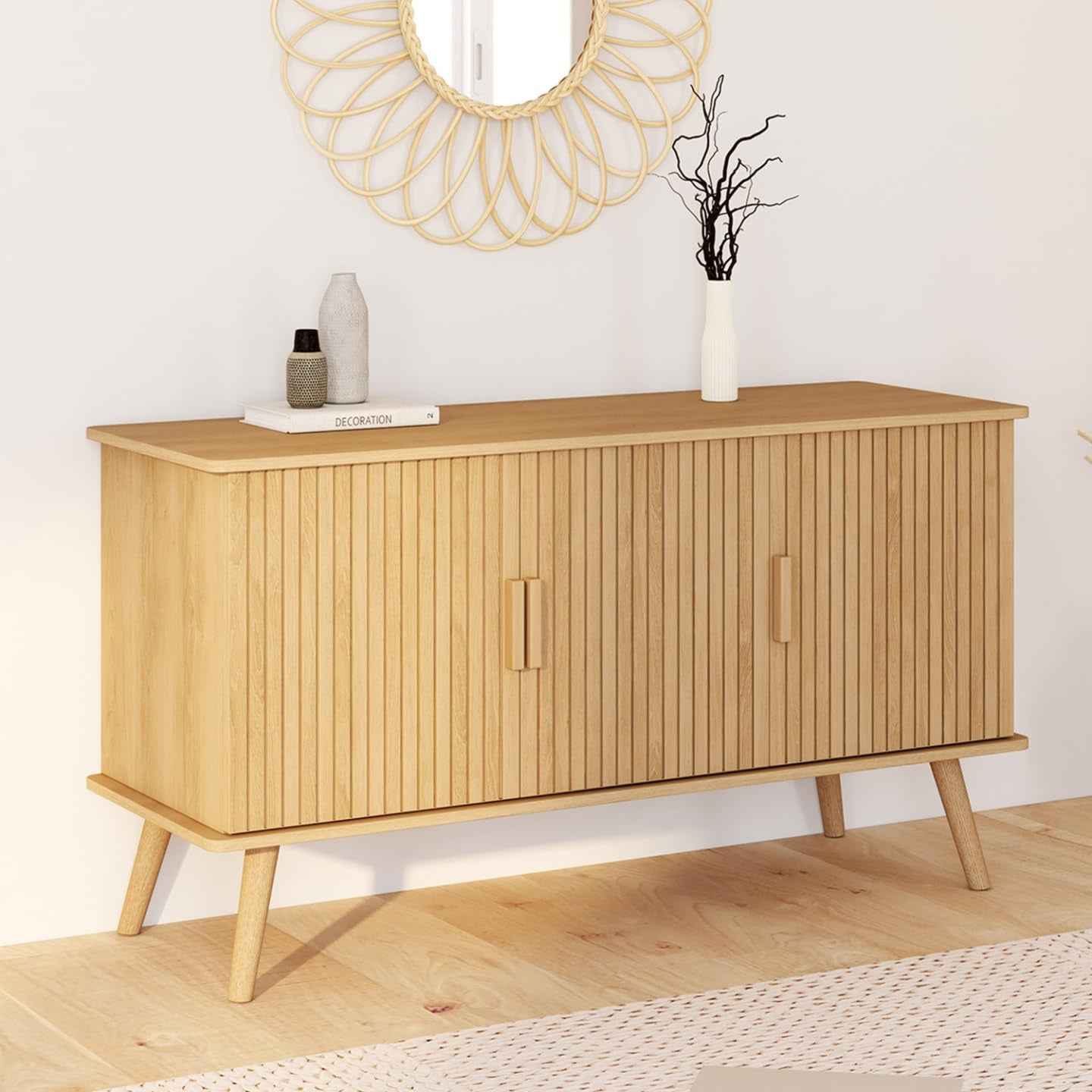 - Buffet 110 Cm Juliette, Lattes Tasseau Bois Coloris Chêne | Avec 3 Portes