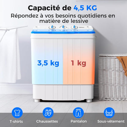 Machine À Laver Portable, Capacité De 8 Kg(5Kg Lavage & 3Kg Essoreuse), Machine À Laver À Double Cuve Avec Pompe De Vidange, Mini Machine À Laver Pour Appartements, VR Et Dorto (Bleu)