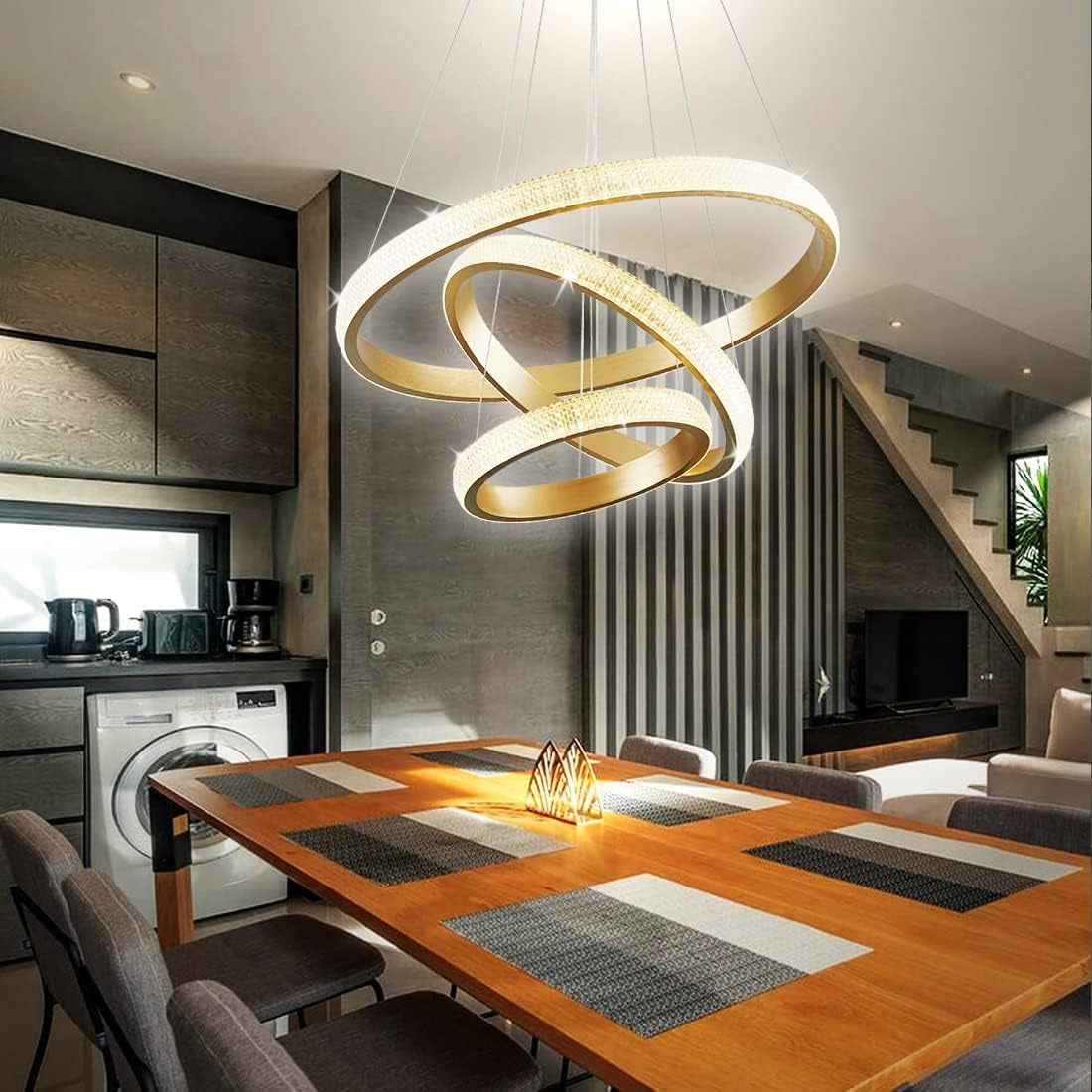Lustre Moderne En Cristal Pour Salle À Manger, Appareil D'Éclairage Doré, 3 Anneaux, Lustre LED Pour Éclairage D'Îlot De Cuisine, Intensité Variable Avec Télécommande, Suspension De Plafond Moderne En