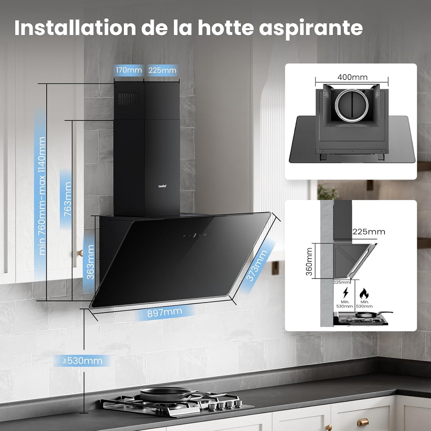 ' CH90J64ET4A2B2-EU Hotte Aspirante Inclinée, 620M³/H, 90Cm, A++ | 59 Db, Commande Tactile, 4 Vitesses, Recirculation Et Évacuation, Filtre Aluminium 5 Couches, LED, Noir, Verre Trempé