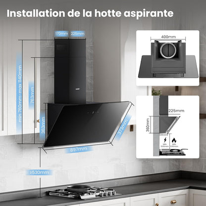 ' CH90J64ET4A2B2-EU Hotte Aspirante Inclinée, 620M³/H, 90Cm, A++ | 59 Db, Commande Tactile, 4 Vitesses, Recirculation Et Évacuation, Filtre Aluminium 5 Couches, LED, Noir, Verre Trempé