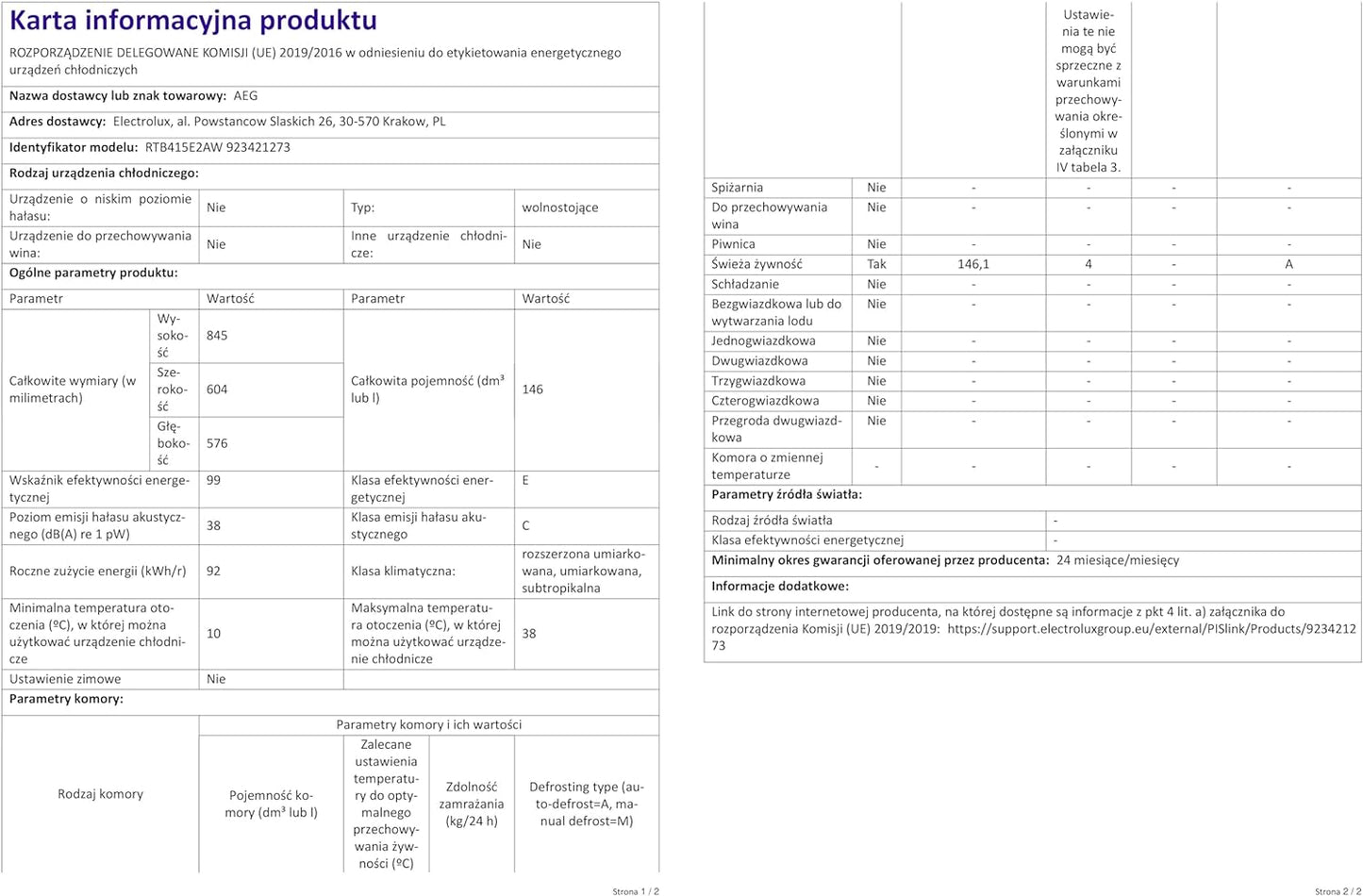RTB415E2AW Réfrigérateur De Table Autonome 850 Mm 146 L/E