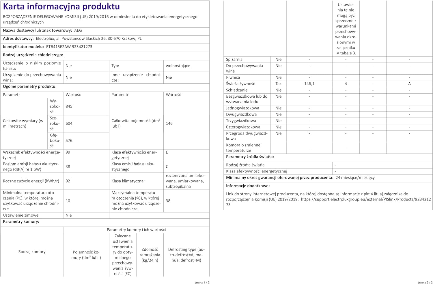 RTB415E2AW Réfrigérateur De Table Autonome 850 Mm 146 L/E