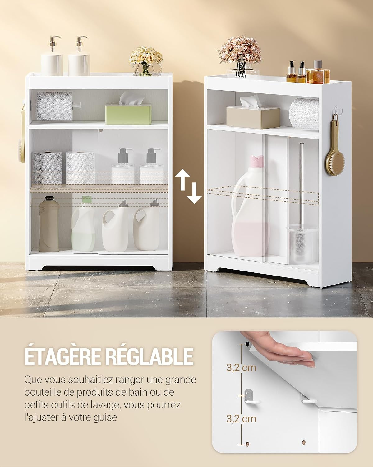 Meuble De Salle De Bain, Meuble Toilette Avec Rangement Papier Toilette Et Crochets, Portes Coulissantes, Étagère Réglable, 20 X 60 X 80 Cm, Blanc BC62813X