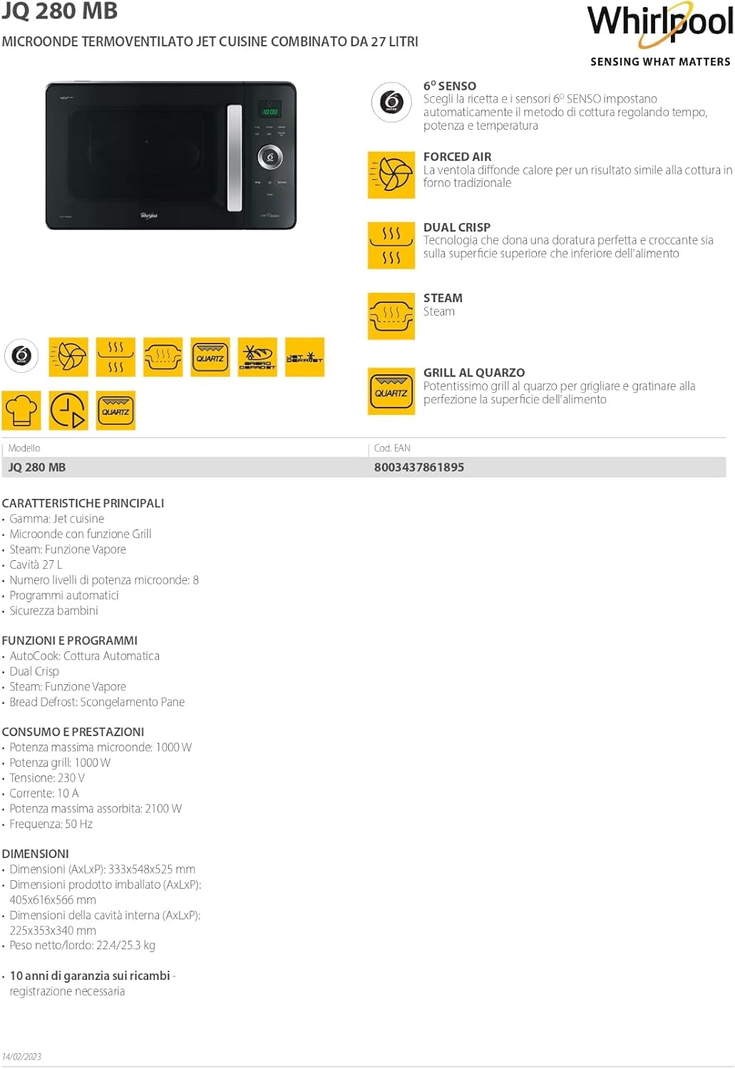 Whirlpool JQ 280 SL Four À Micro-Ondes JQ 280 MB Noir