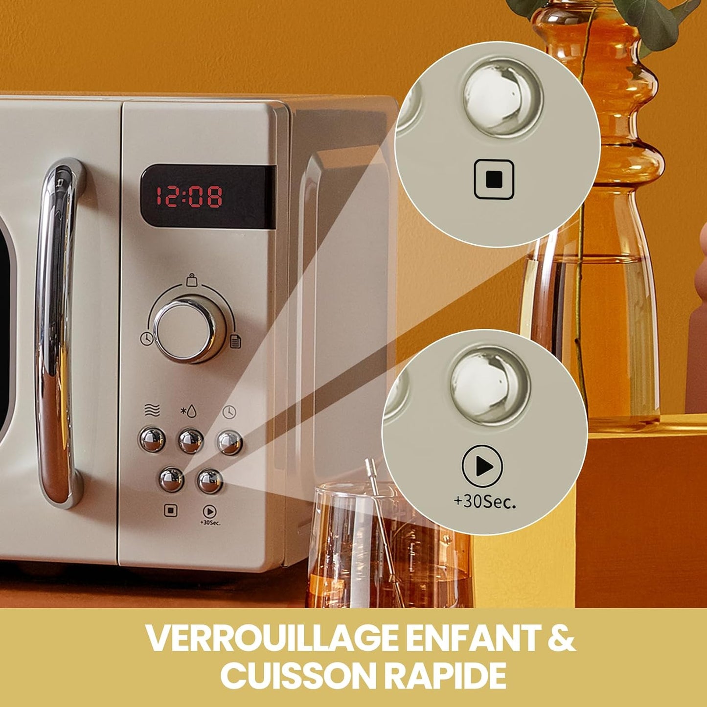 ' Micro-Ondes Rétro CMSRO 20Di Cr Avec 8 Renus Rutomatiques, 5 Niveaux De Puissance De Cuisson, Bouton De Cuisson Express, 20 L, 800 W, Crème D'Abricot