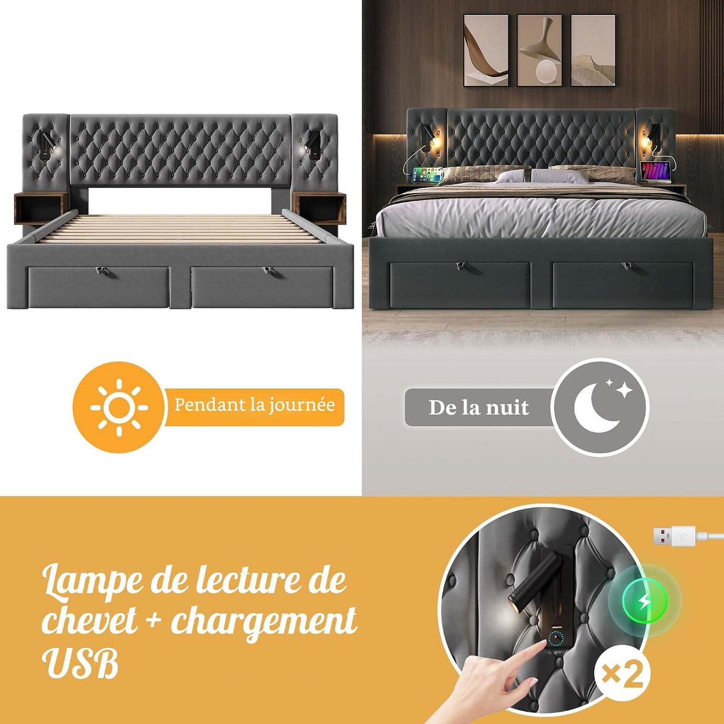 Lit 180X200 Avec Sommier LED Et USB Et 2 Tables De Chevet, Lit Coffre 180X200 Avec 4 Tiroirs Et Tete, Lit Double Avec À Lattes 2 Personnes, Lit Rembourré Cadre De Velours (Sans Matelas)