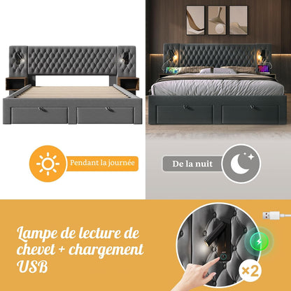 Lit 180X200 Avec Sommier LED Et USB Et 2 Tables De Chevet, Lit Coffre 180X200 Avec 4 Tiroirs Et Tete, Lit Double Avec À Lattes 2 Personnes, Lit Rembourré Cadre De Velours (Sans Matelas)