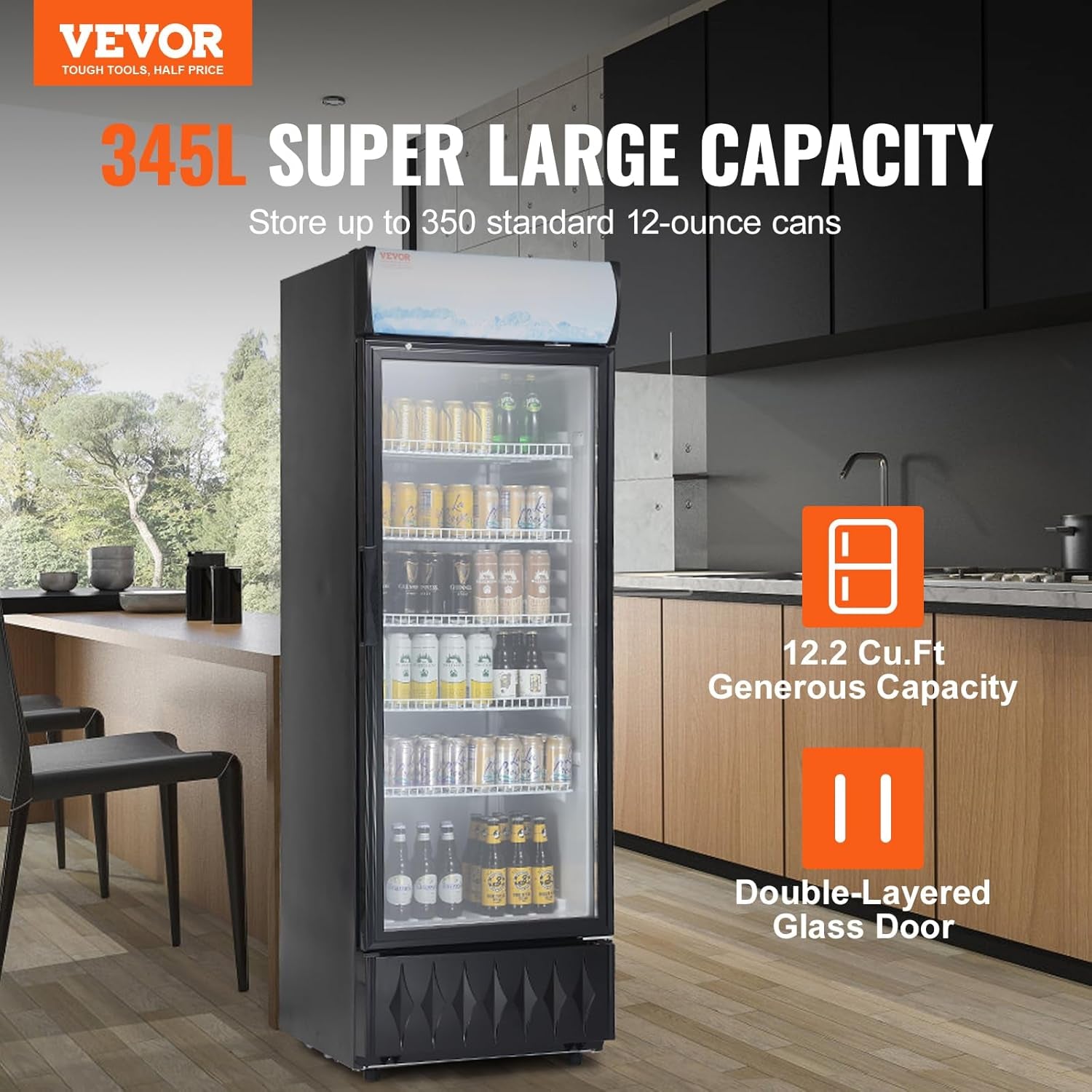 Réfrigerateur À Boissons Commercial 345 L Frigo Vitrine Température 0-10 ℃Armoire À Boisson Réfrigérée Avec 5 Étagères Réglables Et Caisson Lumineux Personnalisable Pour Magasin Supermarché Bar