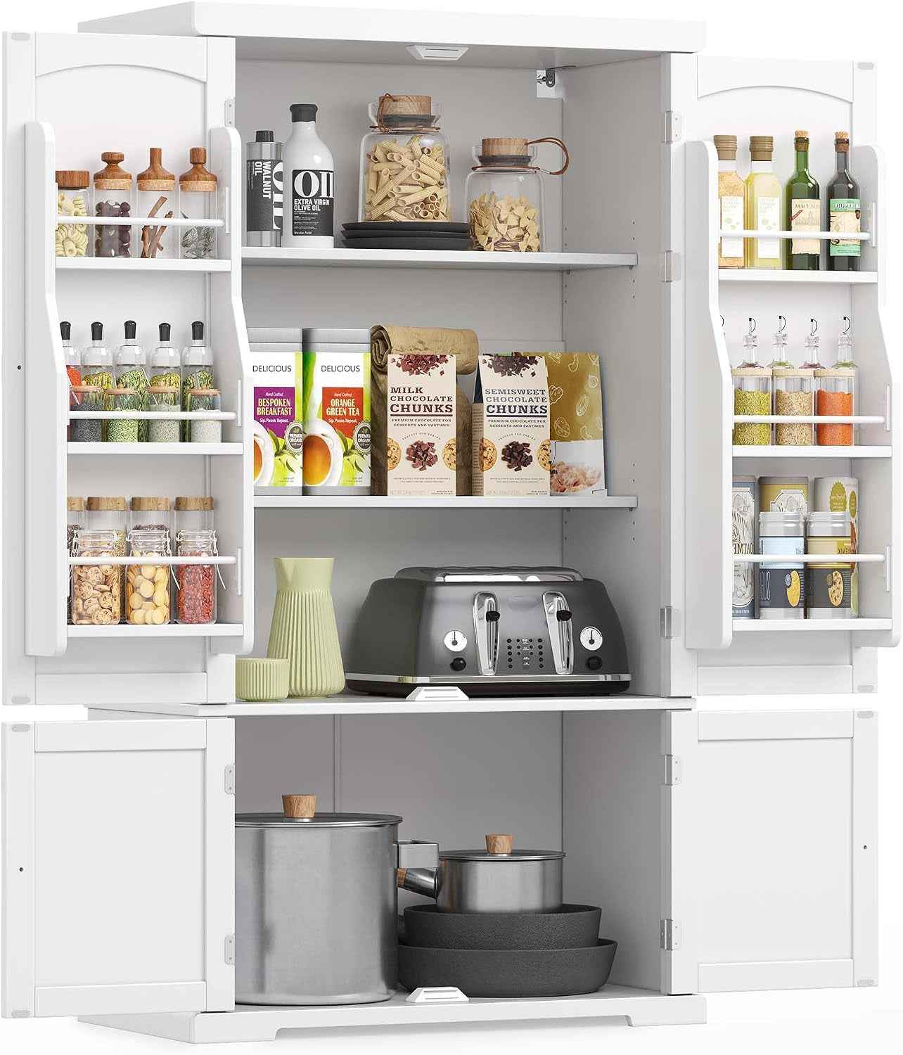 Buffet Haut Cuisine, Meuble De Rangement, Armoire, Vaisselier, 40 X 76 X 135,8 Cm, Grand Espace, 2 Planches Réglables, 6 Étagères De Porte, Pour Salon, Cuisine, Blanc BBC671HW01