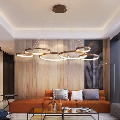 Luminaire Suspendu LED Grand Lustre De Table D'Intérieur Hauteur Réglable Suspension Lampe De Salon Dimmable Avec Télécommande Lampes À Anneaux Modernes En Aluminium Plafonnier De Café Restaurant