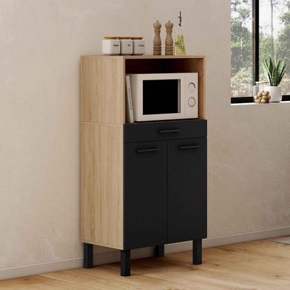 - Buffet Mi-Haut De Cuisine 60 Cm CINA Façon Hêtre Et Noir | Avec 1 Tiroir 2 Portes, Pour Micro-Onde