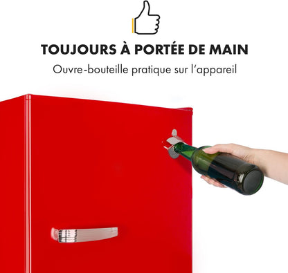 Beercracker - Réfrigérateur 90 L, 90 L, Classe D'Efficacité Énergétique E, Compartiment Congélateur, 3 Compartiments De Porte, Décapsuleur Sur L'Appareil, 2 Clayettes En Verre, Rouge
