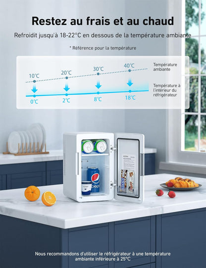Mini Frigo De Chambre 2.0 6L, Mini Frigo 8 Canettes 330Ml, Mini Réfrigérateur Voiture Portable 12V/220V, Petit Frigo Cosmetique, Skincare, Fonction Chaud/Froid, Cadeau Femme Homme (Blanc)