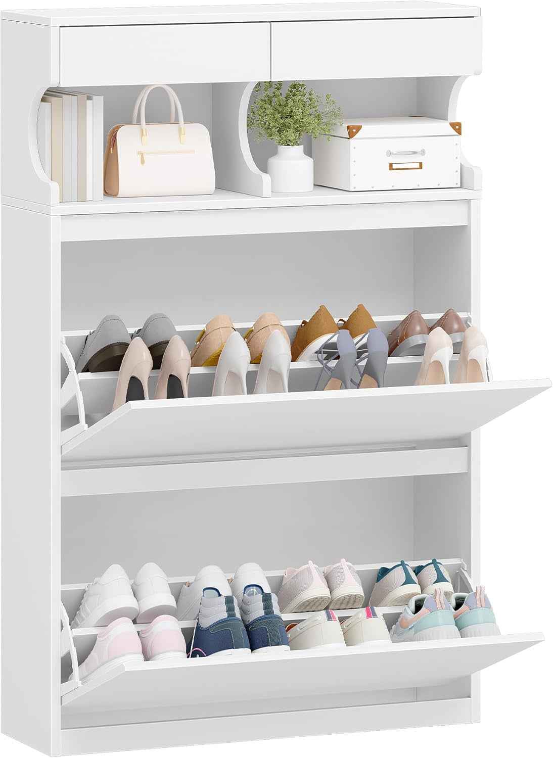 Meuble À Chaussures, 16 Paires, 2 Abattants (80L Cm), Blanc | Armoire À Chaussures, Séparateur Réglable, Grande Capacité, Pour Entrée, Couloir, Chambre, SR45303X