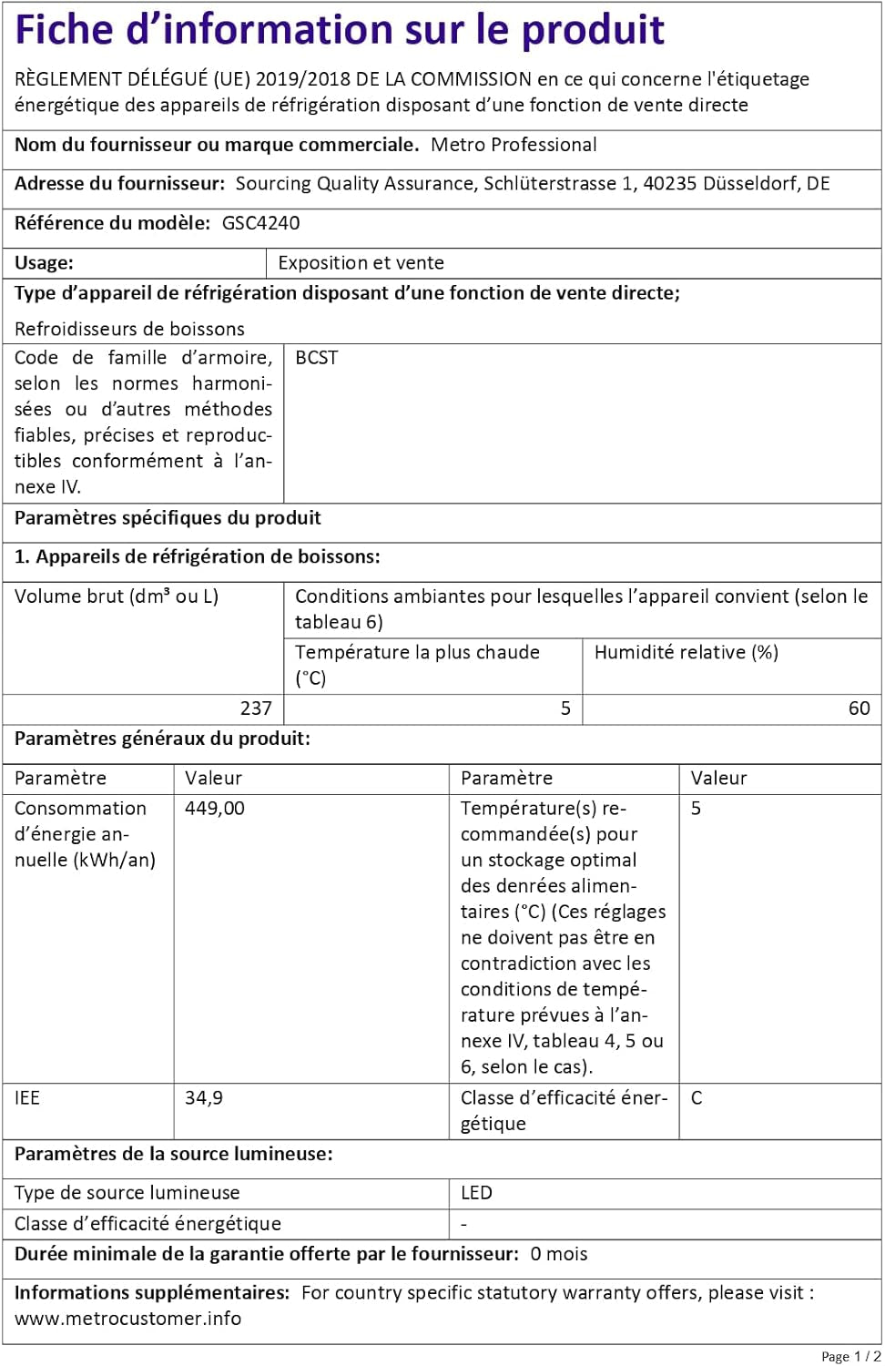 METRO Professional Réfrigérateur À Boissons GSC4240, 237 L, 54 X 54.5 X 139.5 Cm, Métal/Plastique/Verre, Refroidissement Statique, 110 W, Blanc