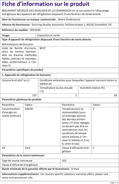 METRO Professional Réfrigérateur À Boissons GSC4240, 237 L, 54 X 54.5 X 139.5 Cm, Métal/Plastique/Verre, Refroidissement Statique, 110 W, Blanc