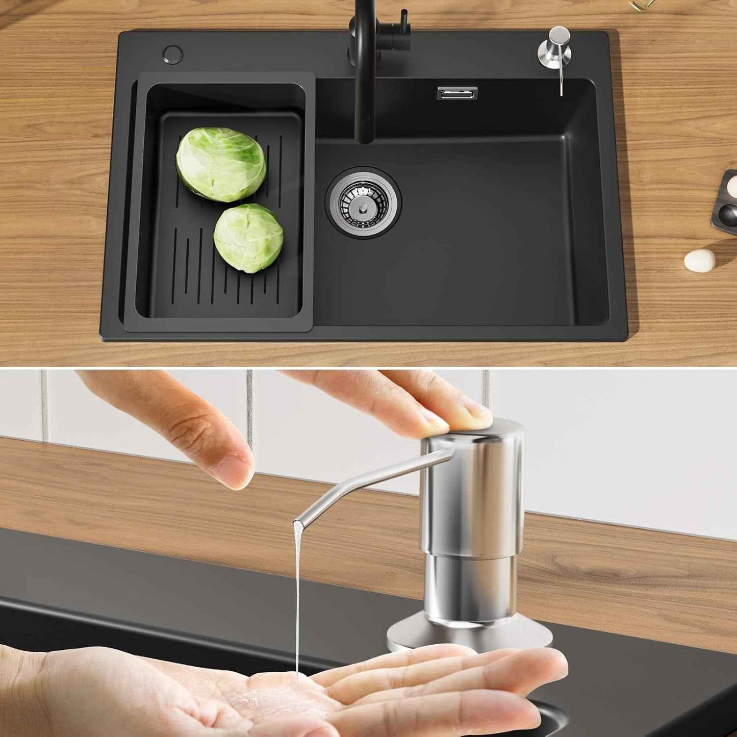 Évier De Cuisine Noir 70 X 45 X 20 Cm Avec Robinet Noir Extensible En Granit Avec Bonde Et Trop-Plein, 1 Bac Encastrable À Partir De 80 Cm De Largeur D'Armoire, Évier De Cuisine Avec Robinet