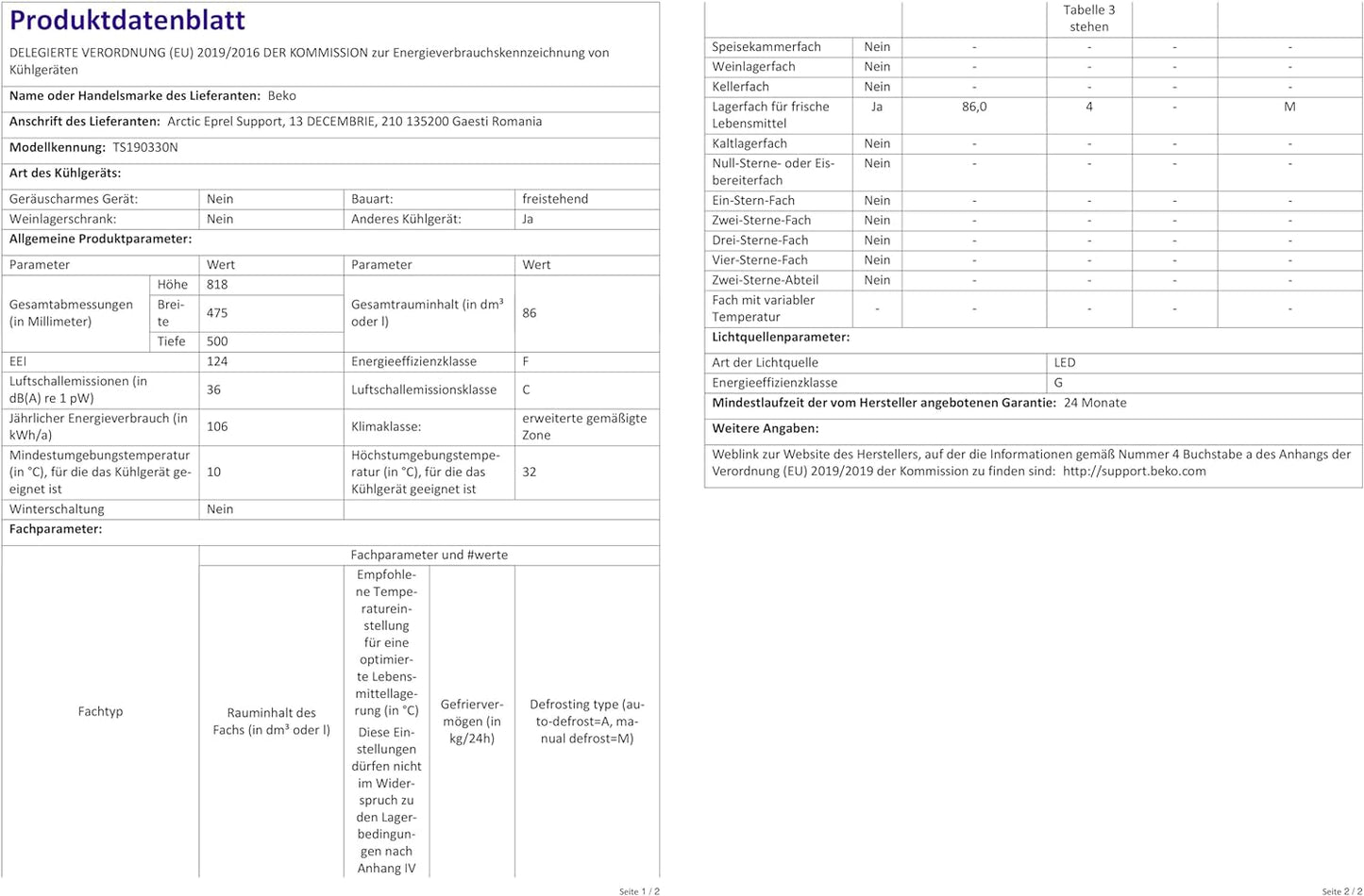 Beko TS190330N Réfrigérateur Table Top - Encastrable, 38 Db, Classe F