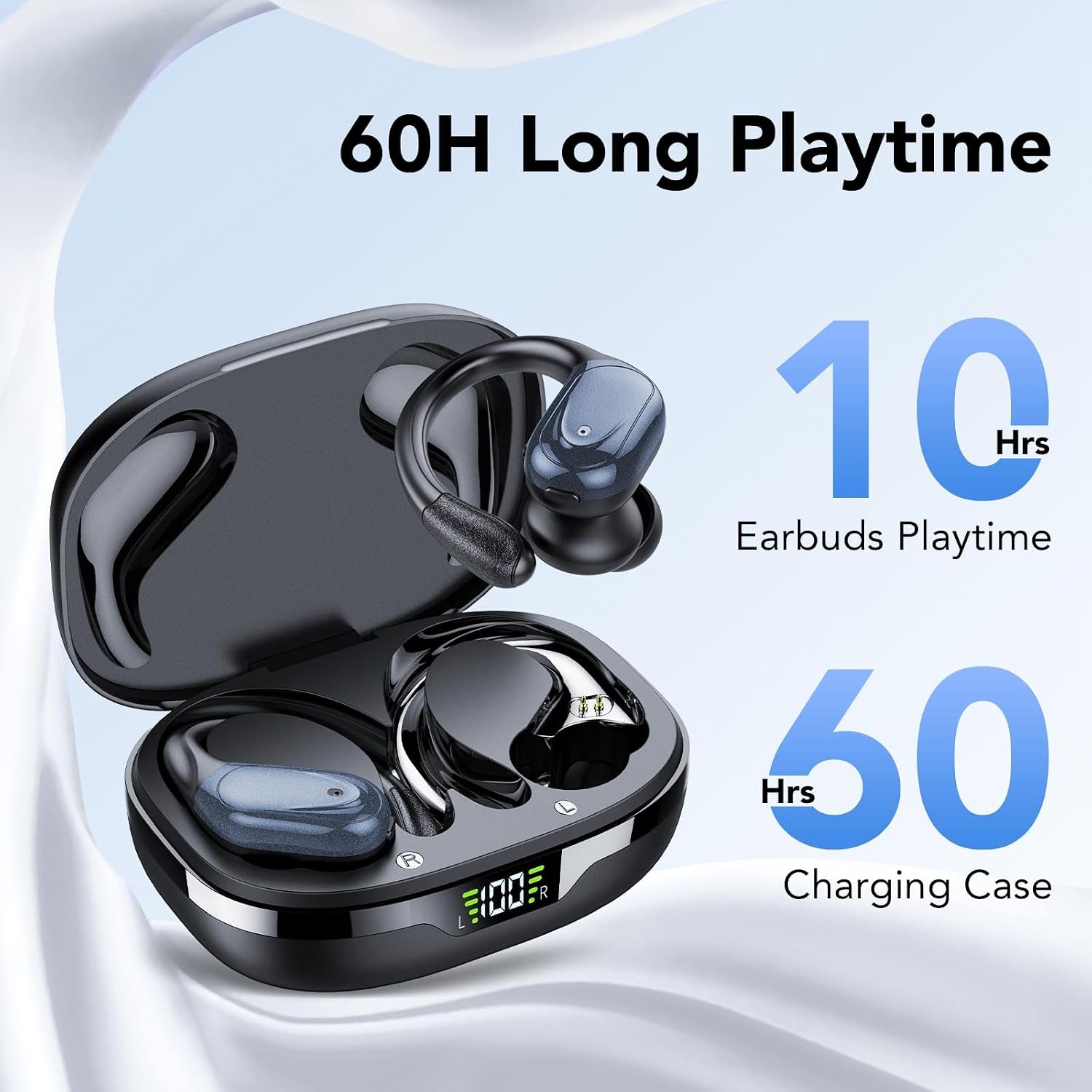Ecouteurs Bluetooth Sans Fil Sport, 60H Casque Bluetooth 5.3 Avec CVC8.0 Antibruit, Ecouteurs Sans Fil Avec 4 ENC Mic, IPX7 Étanche Oreillette Bluetooth, Écouteurs Bluetooth Pour Running Noir