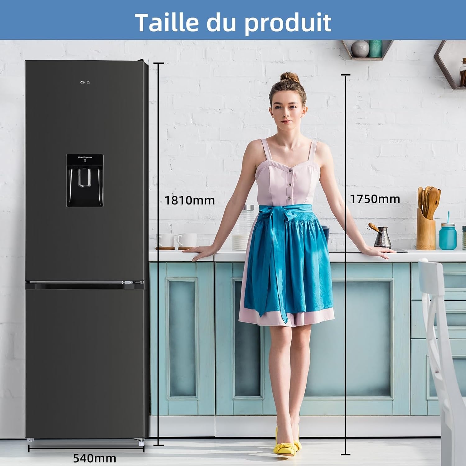 250L Réfrigérateur Autoportant Sans Givre,250L,Congélation À -24℃, Électronique Tactile, Compresseur Avec Garantie De 12 Ans, Distributeur D'Eau, Faible Niveau Sonore De 39 Db, Noir