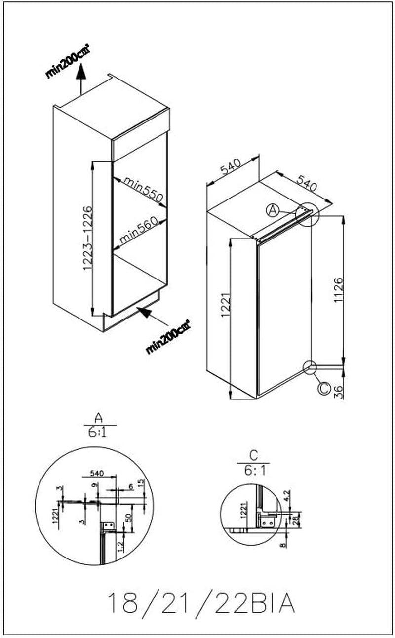 Amica EVKSS 352 220 Vollraum-Kühlschrank, Nischenhöhe: 122 Cm, 197 L, Schlepptür-Technik