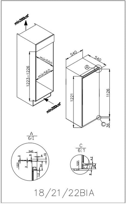 Amica EVKSS 352 220 Vollraum-Kühlschrank, Nischenhöhe: 122 Cm, 197 L, Schlepptür-Technik