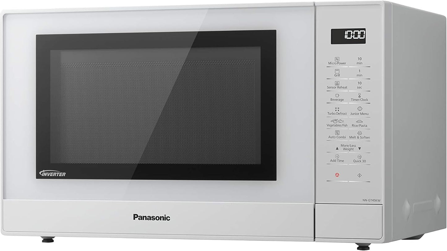 NN-GT45KWSUG Four Micro-Ondes Gril Et Plateau Tournant En Verre, 31L, 1000W, Technologie Inverter, 24 Programmes Auto, Décongélation, 7 Niveaux De Puissance, Minuterie, Affichage LED, Blanc