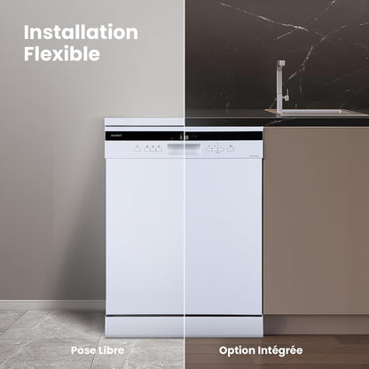 ' FD1435E-W Lave-Vaisselle Pose Libre 14 Couverts, 60 Cm, 44 Db | 8 Programmes, Ouverture Automatique, Départ Différé, Demi-Charge, Paniers Flexibles, Séchage Intensif, Blanc