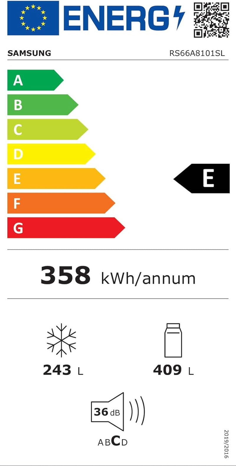 RS66A8101SL/EF Réfrigérateur Side by Side - Réfrigérateur 409L, Congélateur 243L, 358 Kwh/An