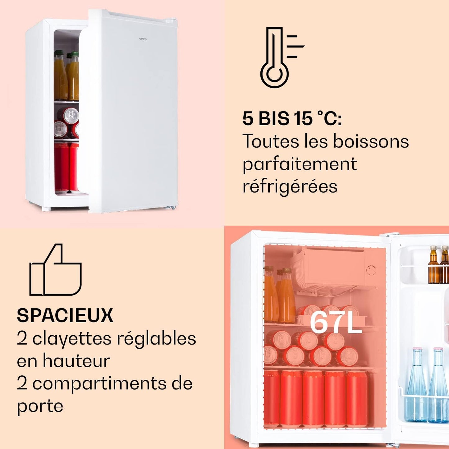 Mini Frigo De Chambre De 67L Pour Boissons Et Bieres, Petit Frigo Silencieux, Mini Bar Intérieur/Ext, Petit Refrigerateur Camping, Stockage De Vins, Cosmetique, Étagères Réglables, 5-14°C