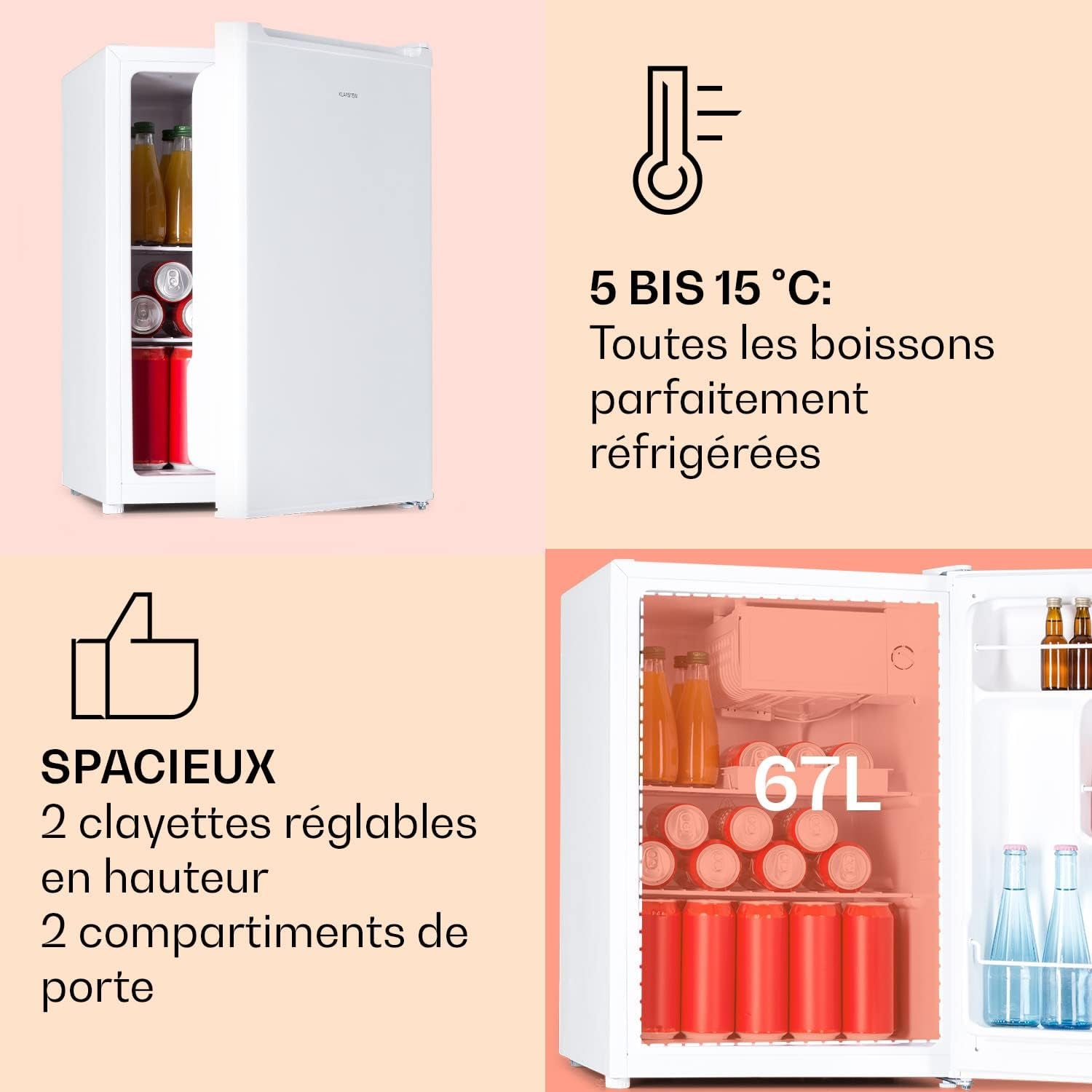 Mini Frigo De Chambre De 67L Pour Boissons Et Bieres, Petit Frigo Silencieux, Mini Bar Intérieur/Ext, Petit Refrigerateur Camping, Stockage De Vins, Cosmetique, Étagères Réglables, 5-14°C