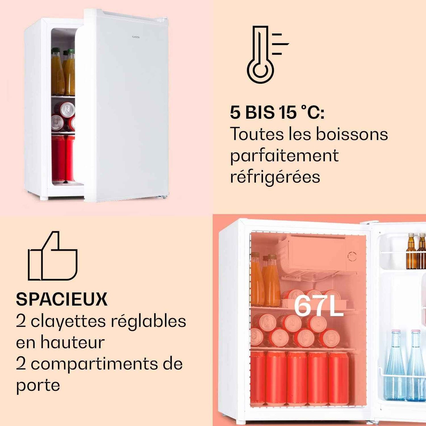 Mini Frigo De Chambre De 67L Pour Boissons Et Bieres, Petit Frigo Silencieux, Mini Bar Intérieur/Ext, Petit Refrigerateur Camping, Stockage De Vins, Cosmetique, Étagères Réglables, 5-14°C