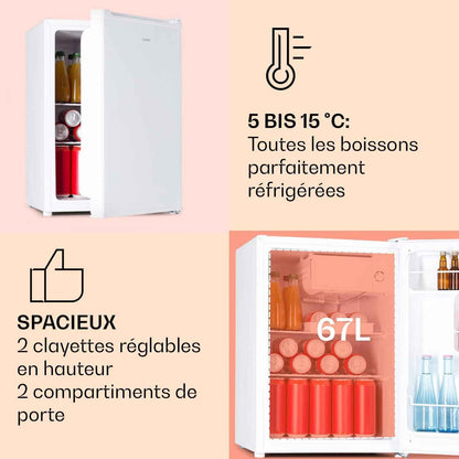 Mini Frigo De Chambre De 67L Pour Boissons Et Bieres, Petit Frigo Silencieux, Mini Bar Intérieur/Ext, Petit Refrigerateur Camping, Stockage De Vins, Cosmetique, Étagères Réglables, 5-14°C