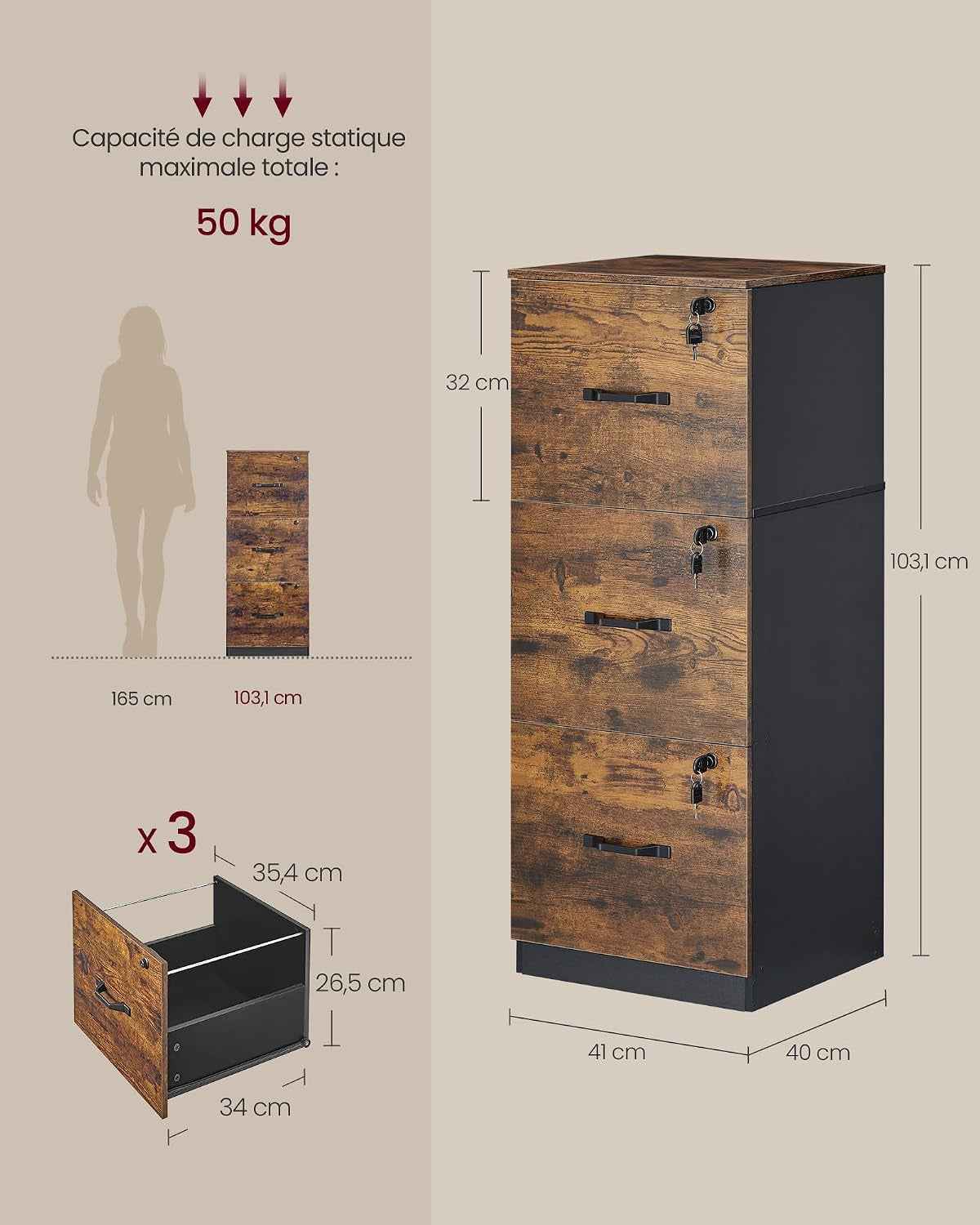 Custos Collection - Meuble De Bureau, Meuble De Rangement, Support Pour Imprimante, Avec 3 Tiroirs Verrouillables, Tringles Réglables, Compatible Avec Formats A4, Marron Rustique OFC055KD01