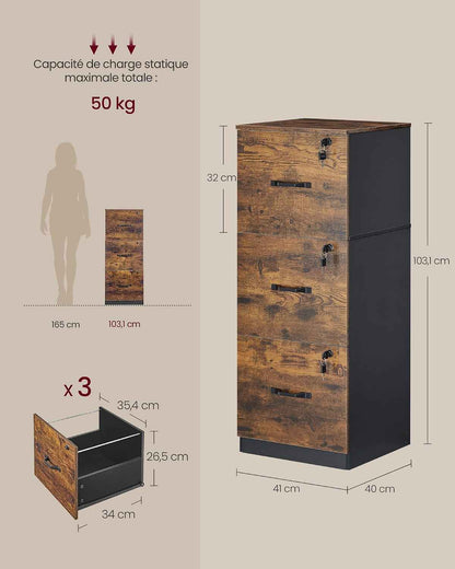 Custos Collection - Meuble De Bureau, Meuble De Rangement, Support Pour Imprimante, Avec 3 Tiroirs Verrouillables, Tringles Réglables, Compatible Avec Formats A4, Marron Rustique OFC055KD01