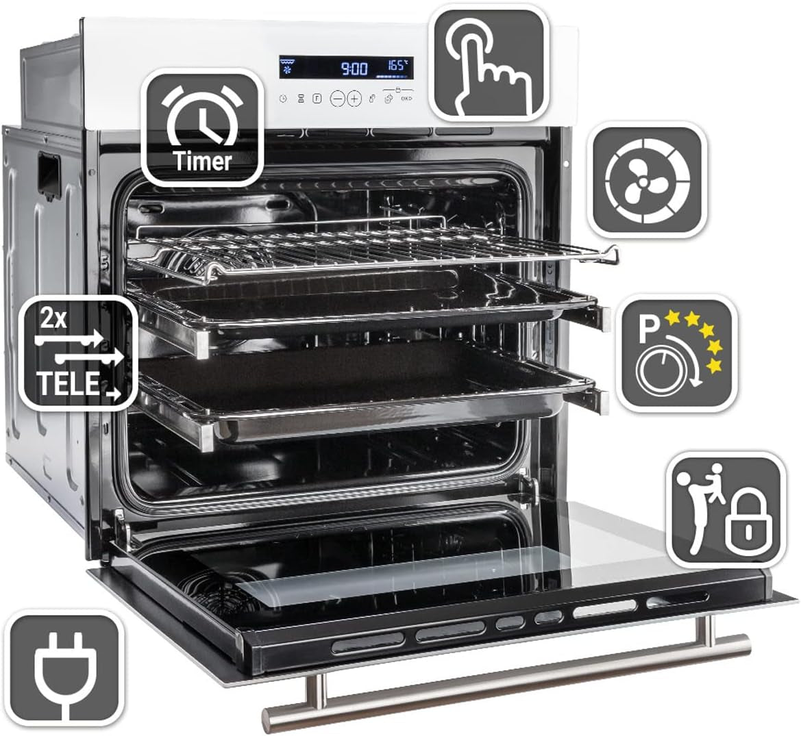 Four Encastrable 60 Cm / 70L / 3,3Kw / Gril/Circulation De L'Air/Air Chaud/Tiroirs Télescopiques/Timer Automatique / EB8015W