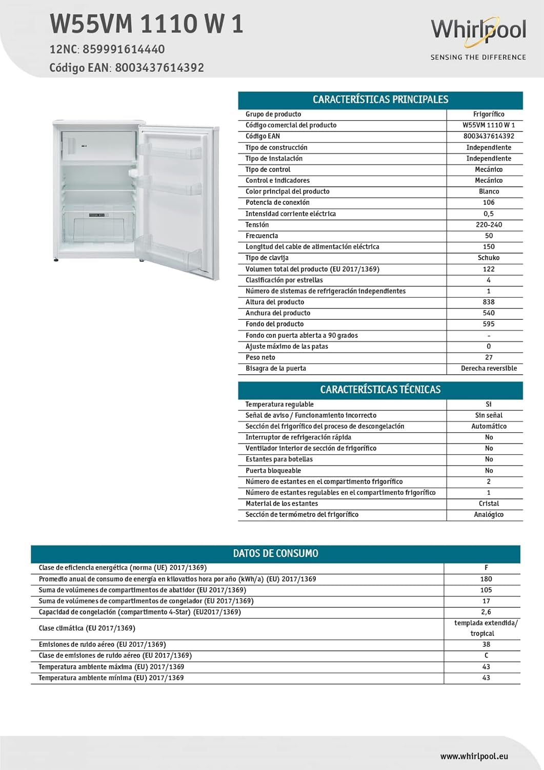 Whirlpool W55VM 1110 W 1 Frigo Combine Sous-Plan Autoportante 122 L F Blanc