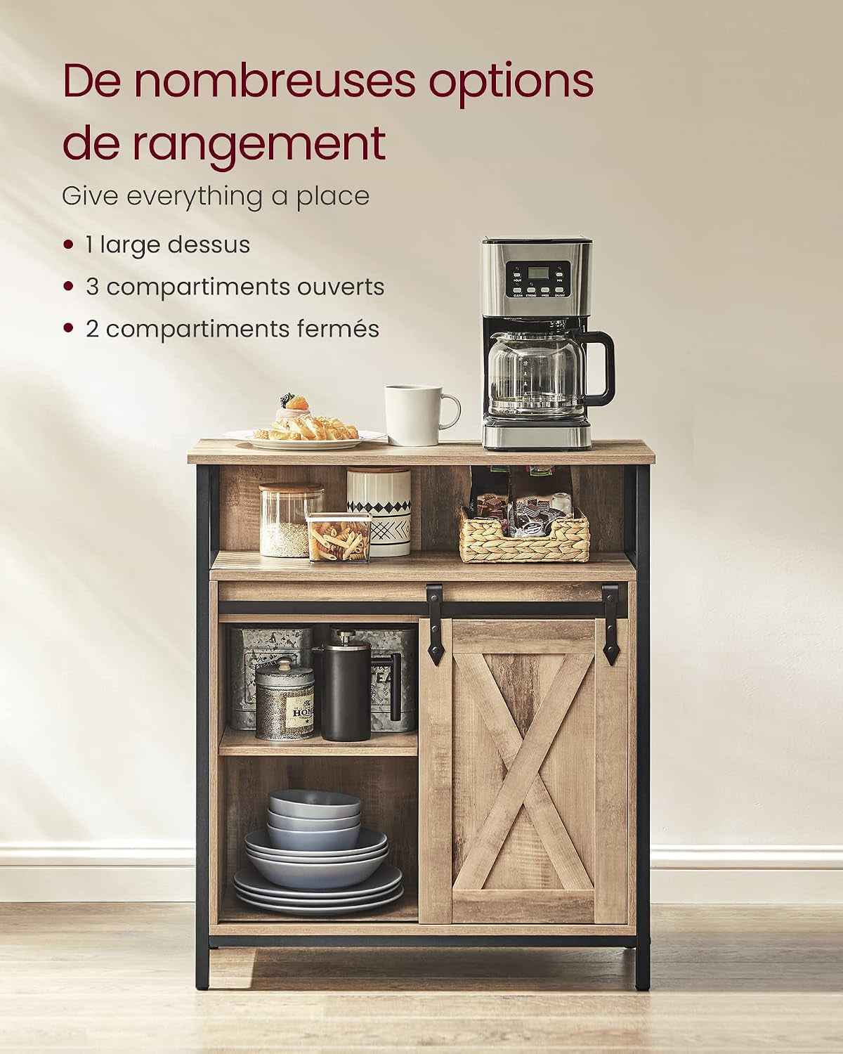 Meuble De Rangement, Buffet Cuisine, Commode, Avec Porte Coulissante, 30 X 70 X 80 Cm, Étagères Réglables, Pour Salon, Marron Camel Et Noir D'Encre LSC089B50V1 | DAXTON LSC089B50 Armoire De Cuisine, Étagère Réglable, Compartiment Ouvert, Style Industriel,