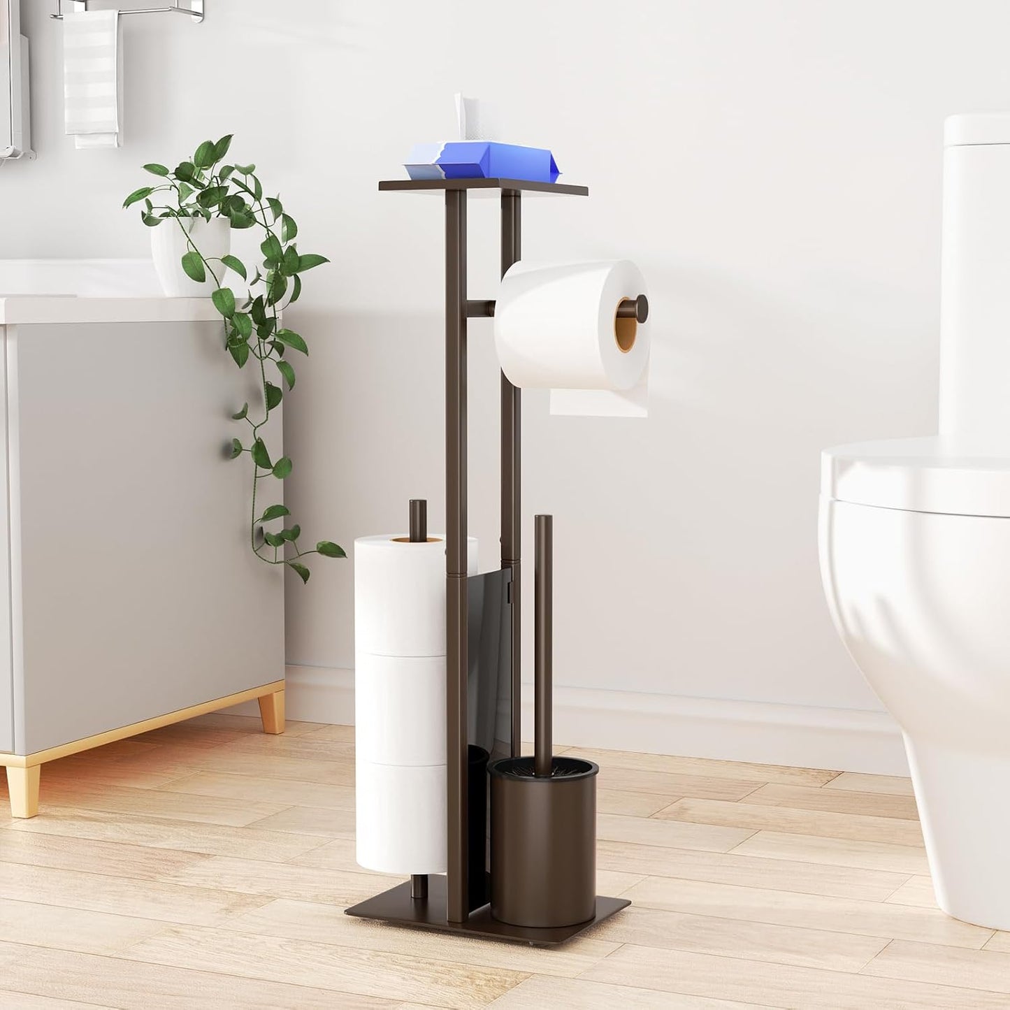 Porte-Papier Toilette En Acier Inoxydable Avec Brosse WC Et Étagère - Support Debout