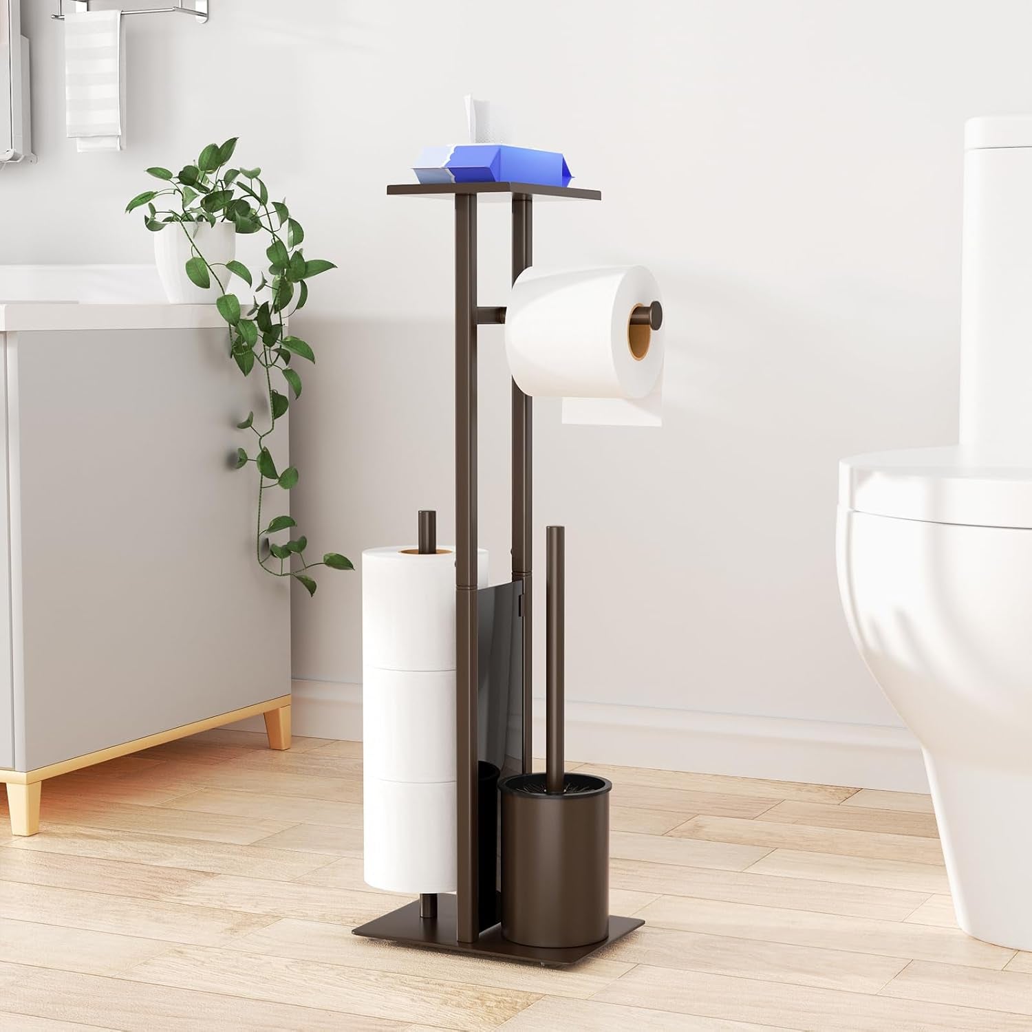 Porte-Papier Toilette En Acier Inoxydable Avec Brosse WC Et Étagère - Support Debout