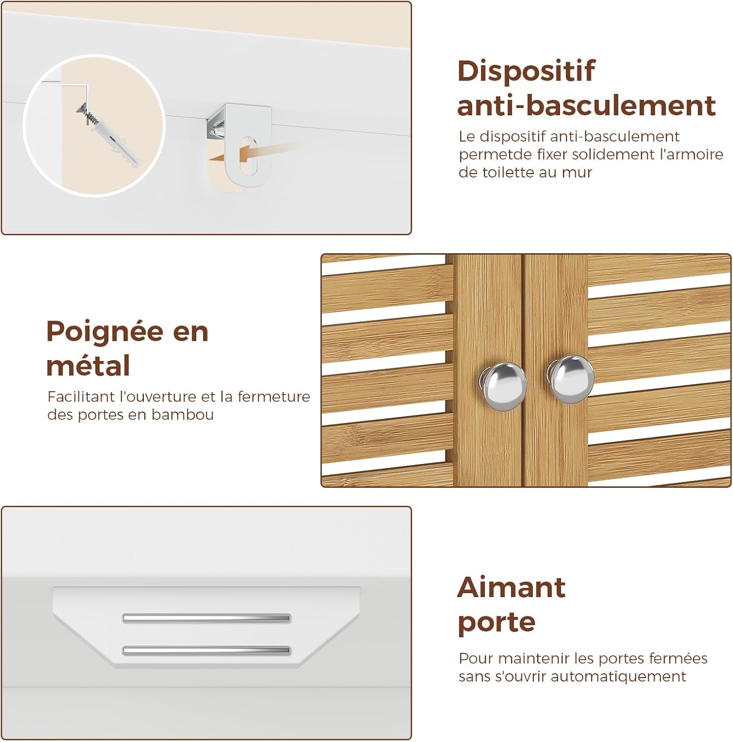 Meuble Colonne De Salle De Bain, Armoire Haute Cuisine Avec 3 Étagères Réglables Et Ouvertes, 4 Portes En Bambou, Meuble De Rangement Pour Salon, Cuisine, Salle De Bain, 60X30X170 Cm
