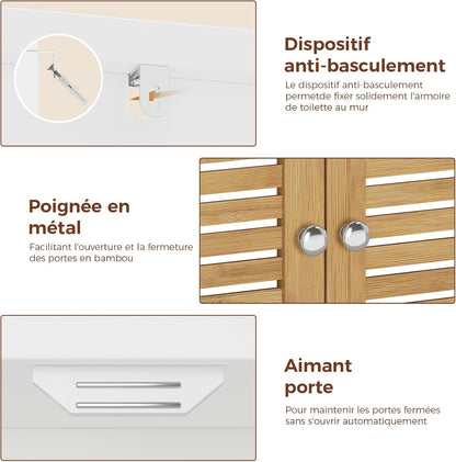 Meuble Colonne De Salle De Bain, Armoire Haute Cuisine Avec 3 Étagères Réglables Et Ouvertes, 4 Portes En Bambou, Meuble De Rangement Pour Salon, Cuisine, Salle De Bain, 60X30X170 Cm